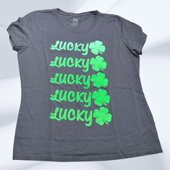 Fruit of the loom "LUCKY" Gray Short Sleeve Scoop Neck T-Shirt‎ Womens Size XL - Picture 1 of 5